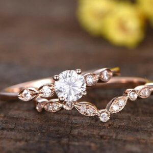 Art Deco Engagement Ring Set, 1.76 Ctw Brilliant Cut Diamond Wedding Ring Set Solid 14k Rose Gold