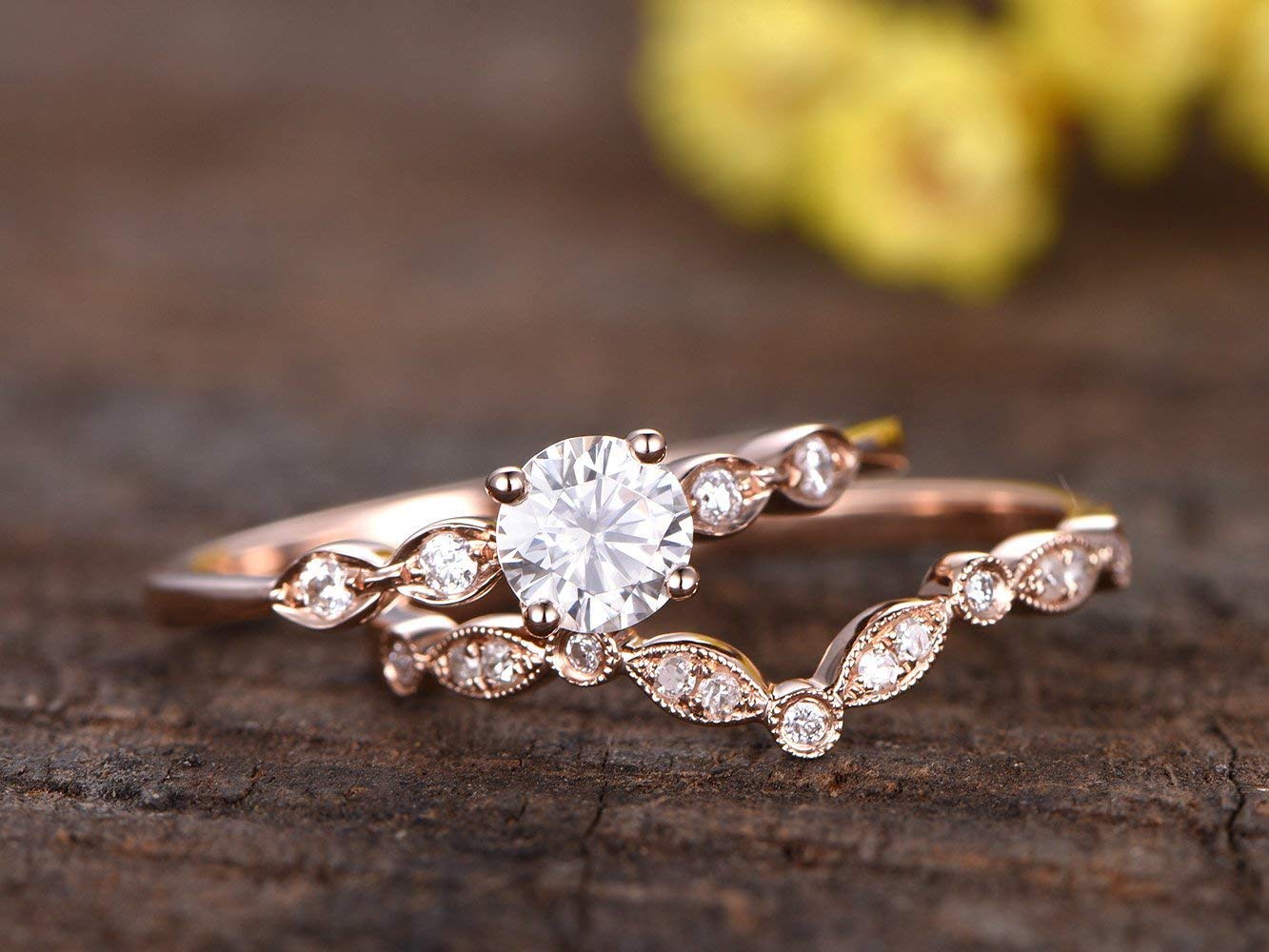 Details about   14K Rose Gold Over 1 Ct Round Cut Solitaire Art Deco Anniversary Ring Bridal Set 