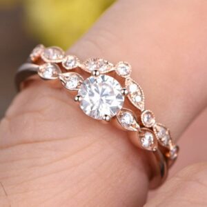 Art Deco Engagement Ring Set, 1.76 Ctw Brilliant Cut Diamond Wedding Ring Set Solid 14k Rose Gold