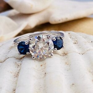 Gorgeous 3.50 CT Three Stone Round Diamond Sapphire Engagement Ring Solid 14k White Gold