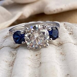 Gorgeous 3.50 CT Three Stone Round Diamond Sapphire Engagement Ring Solid 14k White Gold