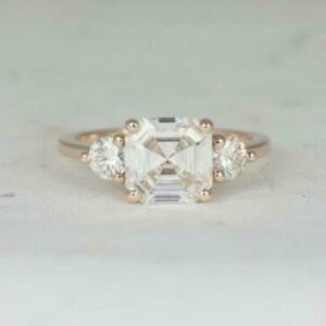 3.00 Ctw Asscher Cut & Round Cut Solitaire 3-Stone Diamond Engagement Ring Solid 14k Yellow Gold