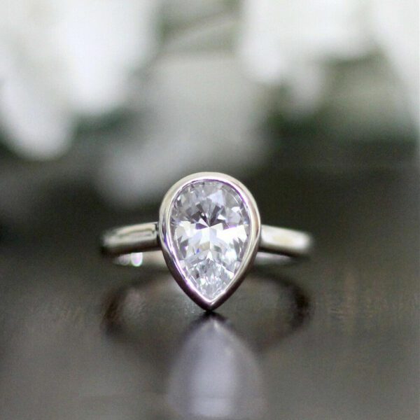 2.50 Carat Bezel Set Pear Shape White Diamond Engagement Ring Solid 14k White Gold