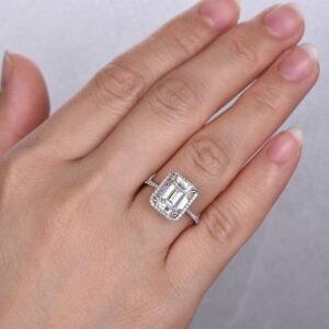 3.17 Ctw Emerald Cut White Diamond Classic Halo Engagement Ring Real 14k White Gold