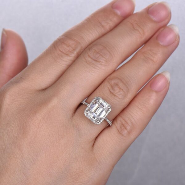 3.17 Ctw Emerald Cut White Diamond Classic Halo Engagement Ring Real 14k White Gold