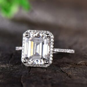 3.17 Ctw Emerald Cut White Diamond Classic Halo Engagement Ring Real 14k White Gold