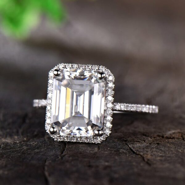 3.17 Ctw Emerald Cut White Diamond Classic Halo Engagement Ring Real 14k White Gold