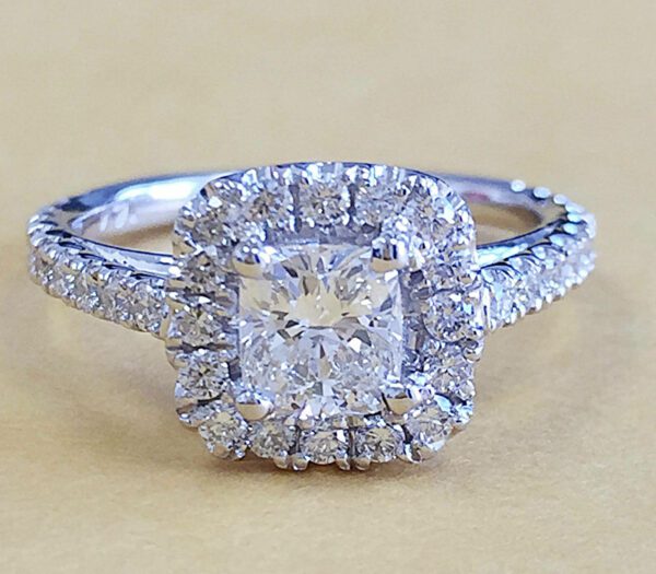 2.10 Carat Cushion White Diamond Classic Halo Engagement Ring Solid 14k White Gold