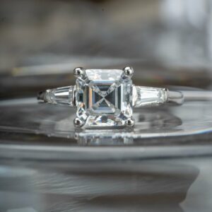 2.56 Ctw Asscher White Diamond With Side Baguette Classic Engagement Ring 14k White Gold