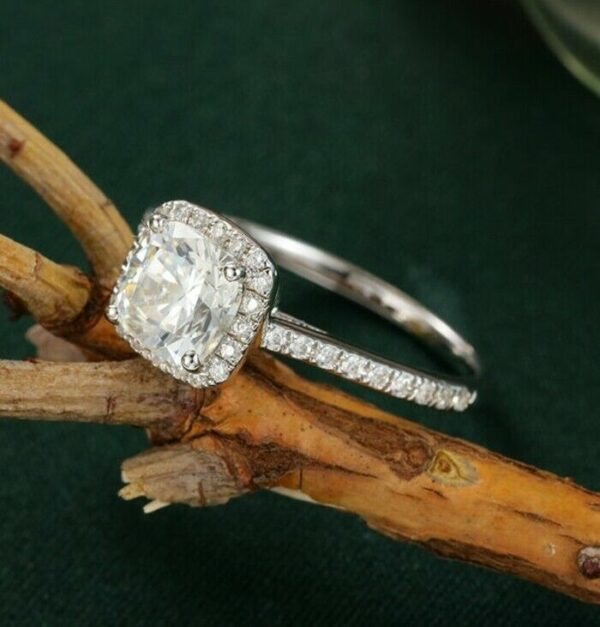 Center 2.CT Cushion Cut Diamond Halo Wedding Engagement Ring Real 14k White Gold