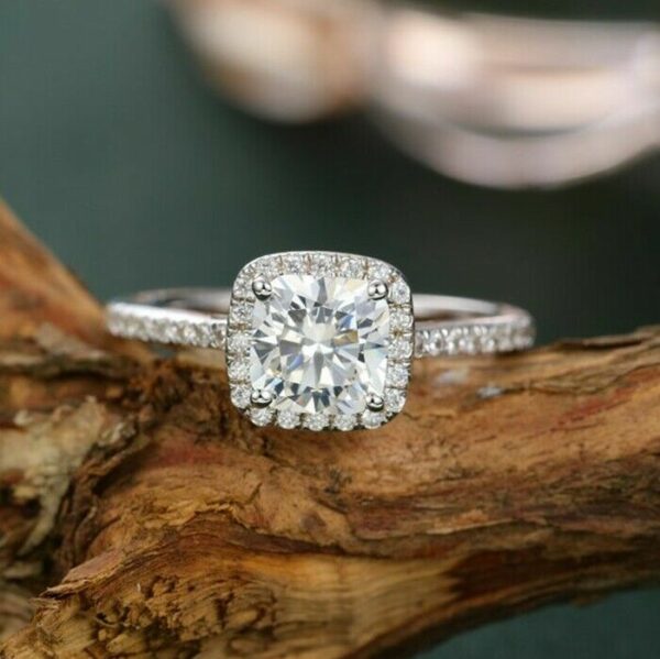 Center 2.CT Cushion Cut Diamond Halo Wedding Engagement Ring Real 14k White Gold