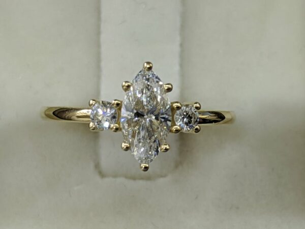 3.Ctw Marquise Cut & Round Cut White Diamond 3 Stone Engagement Ring 14k Yellow Gold