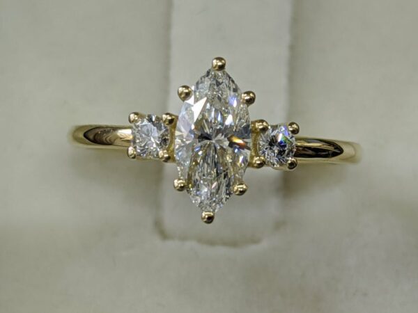 3.Ctw Marquise Cut & Round Cut White Diamond 3 Stone Engagement Ring 14k Yellow Gold