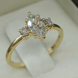 3.Ctw Marquise Cut & Round Cut White Diamond 3 Stone Engagement Ring 14k Yellow Gold