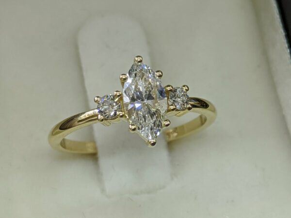 3.Ctw Marquise Cut & Round Cut White Diamond 3 Stone Engagement Ring 14k Yellow Gold