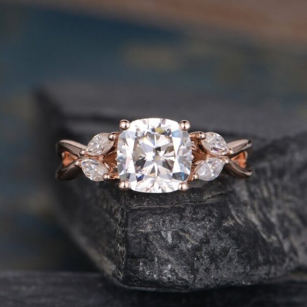 2.46 Ctw Solitaire Cushion Cut Diamond With Side Marquise Vintage Engagement Ring 14k Rose Gold