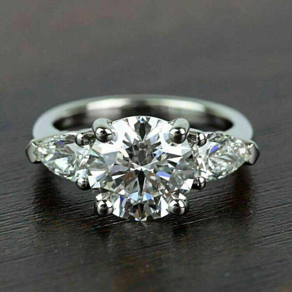 2.85 Ctw Round Cut & Pear Cut Diamond 3-Stone Classic Engagement Ring 14k White Gold