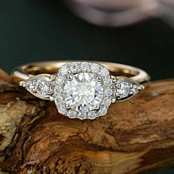2.15 Ctw Classic Round Cut Diamond Halo With Side Stone Engagement Ring Solid 10k Yellow Gold