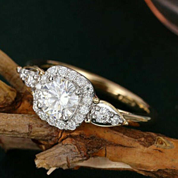 2.15 Ctw Classic Round Cut Diamond Halo With Side Stone Engagement Ring Solid 10k Yellow Gold