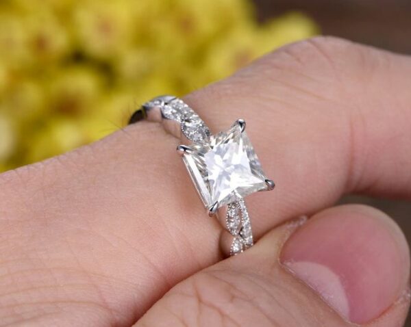 2.55 Ctw Princess Cut White Diamond Solitaire Art Deco Style Engagement Ring Set 14k Gold Plated
