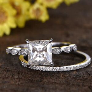 2.55 Ctw Princess Cut White Diamond Solitaire Art Deco Style Engagement Ring Set 14k Gold Plated