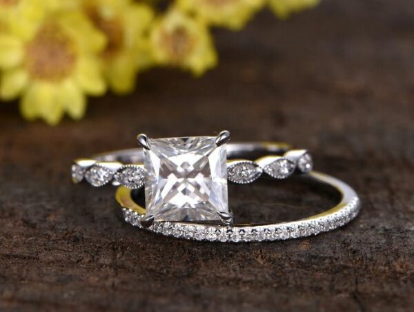 2.55 Ctw Princess Cut White Diamond Solitaire Art Deco Style Engagement Ring Set 14k Gold Plated