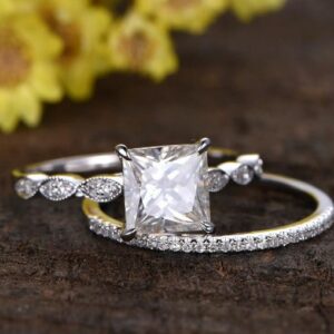 2.55 Ctw Princess Cut White Diamond Solitaire Art Deco Style Engagement Ring Set 14k Gold Plated