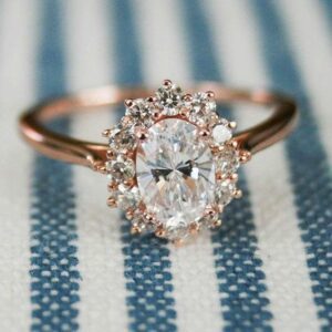 2.10 Carat Oval Cut White Diamond Flower Halo Engagement Ring Real 14k Rose Gold