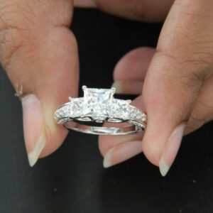 3.Ctw Three Stone Princess Cut Diamond Classic Wedding Engagement Ring 14k White Gold Over