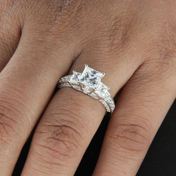 3.Ctw Three Stone Princess Cut Diamond Classic Wedding Engagement Ring 14k White Gold Over