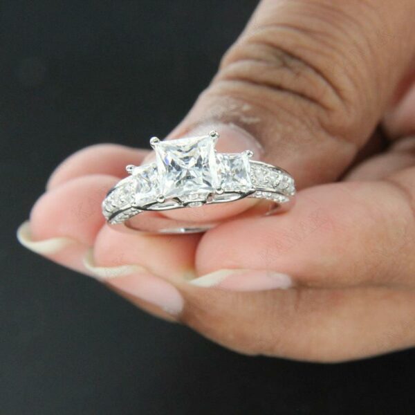 3.Ctw Three Stone Princess Cut Diamond Classic Wedding Engagement Ring 14k White Gold Over