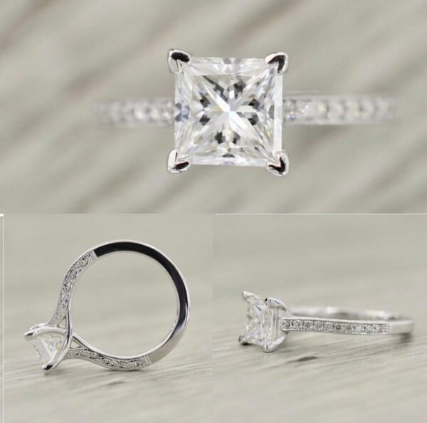 2.31 Carat Princess Cut White Diamond Vintage Engagement Ring Real 14k White Gold