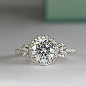 2.78 Ctw  Round Cut White Diamond 3-Stone Halo Wedding Engagement Ring 14k White Gold Over