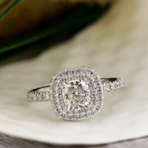 Classic 2.57 Carat Cushion Cut White Diamond Double Halo Wedding Engagement Ring 14k White Gold