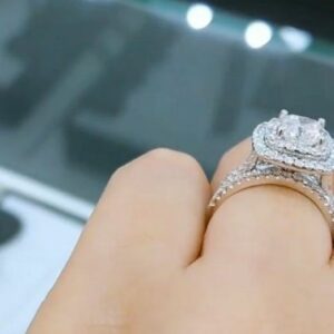 2.70 Ctw Cushion Cut White Diamond Engagement Ring Sets, 14k White Gold Ring, Double Halo 3-Pieces Bridal Sets