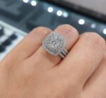 2.70 Ctw Cushion Cut White Diamond Engagement Ring Sets, 14k White Gold Ring, Double Halo 3-Pieces Bridal Sets