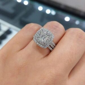 2.70 Ctw Cushion Cut White Diamond Engagement Ring Sets, 14k White Gold Ring, Double Halo 3-Pieces Bridal Sets