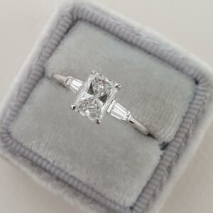 2.56 Carat Radiant Cut White Diamond Side Baguette 3-Stone Engagement Ring 14k White Gold
