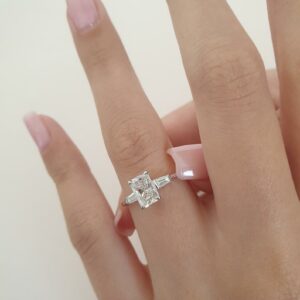 2.56 Carat Radiant Cut White Diamond Side Baguette 3-Stone Engagement Ring 14k White Gold