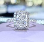 Fancy 3.00 Carat Radiant White Diamond Classic Halo Engagement Ring 14k White Gold Plated
