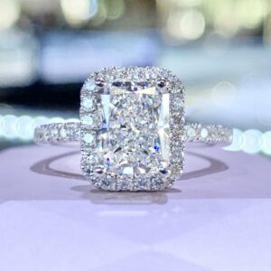 Fancy 3.00 Carat Radiant White Diamond Classic Halo Engagement Ring 14k White Gold Plated
