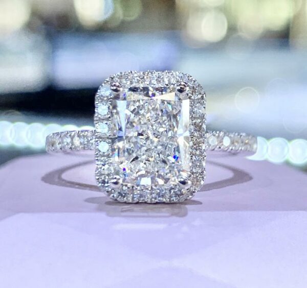 Fancy 3.00 Carat Radiant White Diamond Classic Halo Engagement Ring 14k White Gold Plated