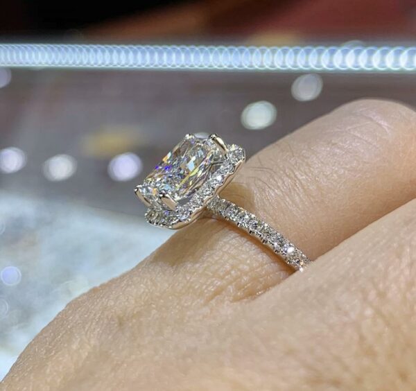 Fancy 3.00 Carat Radiant White Diamond Classic Halo Engagement Ring 14k White Gold Plated