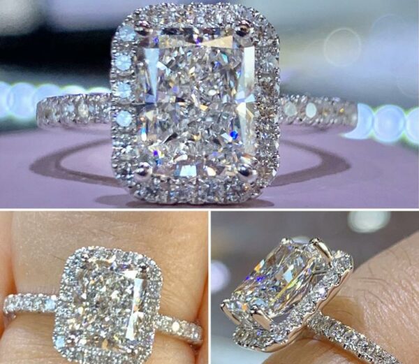 Fancy 3.00 Carat Radiant White Diamond Classic Halo Engagement Ring 14k White Gold Plated