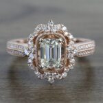 2.11 Carat Antique Halo Emerald Cut Brilliant Diamond Engagement Ring 14k Rose Gold Over