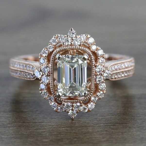 2.11 Carat Antique Halo Emerald Cut Brilliant Diamond Engagement Ring 14k Rose Gold Over
