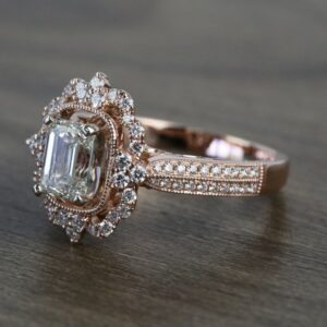 2.11 Carat Antique Halo Emerald Cut Brilliant Diamond Engagement Ring 14k Rose Gold Over