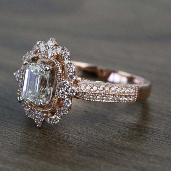 2.11 Carat Antique Halo Emerald Cut Brilliant Diamond Engagement Ring 14k Rose Gold Over
