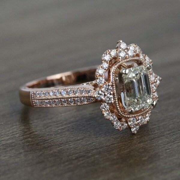 2.11 Carat Antique Halo Emerald Cut Brilliant Diamond Engagement Ring 14k Rose Gold Over