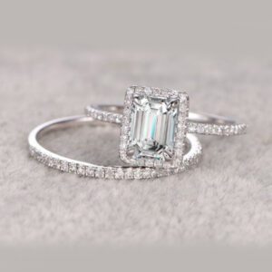 2.67 Ctw Emerald Cut White Diamond Halo Engagement Ring Bridal Set 14k White Gold Over